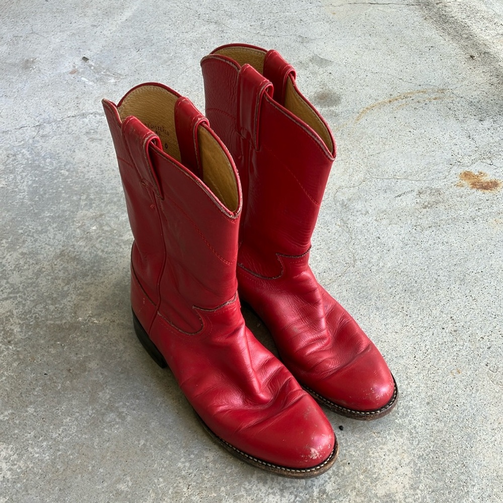 Justin Red Leather Roper Style Cowboy Boots, 5.5